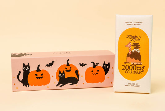 Matcha Masta’s Hojicha Collagen Chocolate Bar + Halloween Macaron