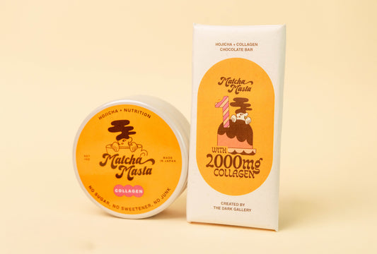 Matcha Masta’s Hojicha Collagen Chocolate Bar + Matcha Masta’s Hojicha Collagen Tin